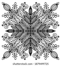 Mandala. Ornament from plants. Pattern. Doodling. Coloring book for adults and children. Vector illustration.