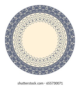 Mandala ornament. Round frame. Decorative element  can be used for greeting card, wedding invitation, yoga poster, coloring book.. Doodle emblem.