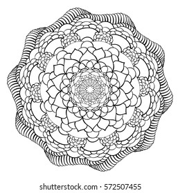 Mandala ornament. Round template. Decorative hand drawn element  can be used for greeting card, wedding invitation, coloring book. Doodle emblem.