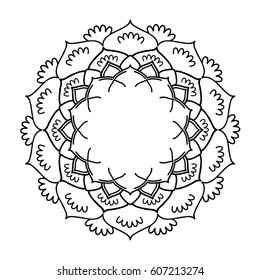 Mandala ornament. Round template. Decorative element  can be used for greeting card, wedding invitation, yoga poster, coloring book. Doodle emblem.