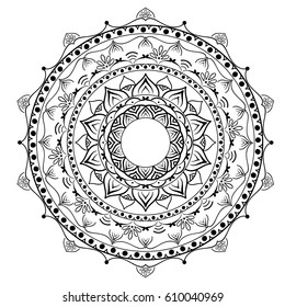 Mandala ornament. Round template. Decorative element  can be used for greeting card, wedding invitation, yoga poster, coloring book. Doodle emblem.