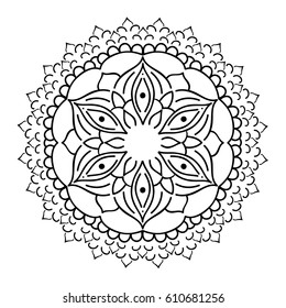 Mandala ornament. Round template. Decorative element  can be used for greeting card, wedding invitation, yoga poster, coloring book.. Doodle emblem.