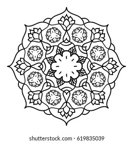 Mandala ornament. Round template. Decorative element  can be used for greeting card, wedding invitation, yoga poster, coloring book.. Doodle emblem.