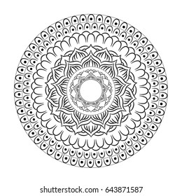 Mandala ornament. Round template. Decorative element  can be used for greeting card, wedding invitation, yoga poster, coloring book.. Doodle emblem.