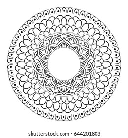 Mandala ornament. Round template. Decorative element that can be used for greeting card, wedding invitation, yoga poster, coloring book.. Doodle emblem.