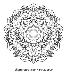 Mandala ornament. Round template. Decorative element  can be used for greeting card, wedding invitation, yoga poster, coloring book.. Doodle emblem.