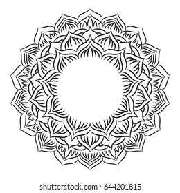 Mandala ornament. Round template. Decorative element  can be used for greeting card, wedding invitation, yoga poster, coloring book.. Doodle emblem.