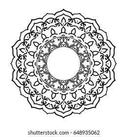 Mandala ornament. Round template. Decorative element  can be used for greeting card, wedding invitation, yoga poster, coloring book.. Doodle emblem.