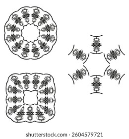 Mandala ornament shapes. Kaleidoscope pattern form. Vector symmetrical art. Abstract line motif.