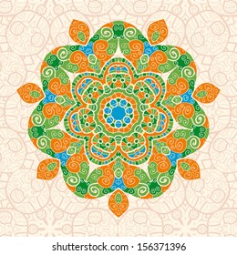 mandala ornament with space for your text. Vector image in green and orange colors