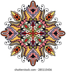 Mandala ornament, tribal ethnic pattern, islamic arabic indian motif, isolated decorative element for card design, t-shirt print. Vector fashion illustration, hand drawn background