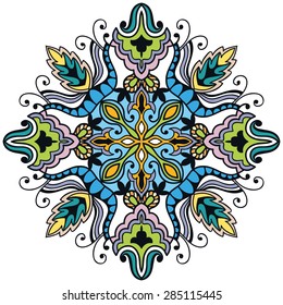 Mandala ornament, tribal ethnic pattern, islamic arabic indian motif, isolated decorative element for card design, t-shirt print. Vector fashion illustration, hand drawn background