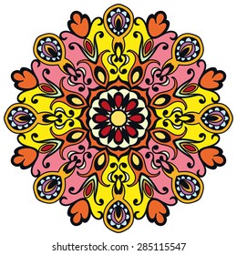 Mandala ornament, tribal ethnic pattern, islamic arabic indian motif, isolated decorative element for card design, t-shirt print. Vector fashion illustration, hand drawn background