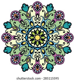 Mandala ornament, tribal ethnic pattern, islamic arabic indian motif, isolated decorative element for card design, t-shirt print. Vector fashion illustration, hand drawn background