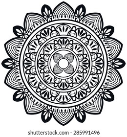 Mandala ornament, tribal ethnic pattern, islamic arabic indian motif, isolated decorative element for card design, t-shirt print. Vector fashion illustration, hand drawn background. Black on white