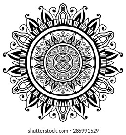 Mandala ornament, tribal ethnic pattern, Islamic Arabic Indian motif, isolated decorative element for card design, t-shirt print. Vector fashion illustration, hand drawn background. Black on white