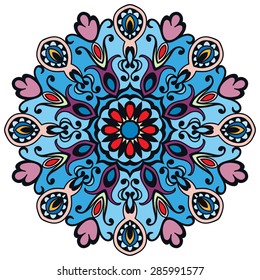 Mandala ornament, tribal ethnic pattern, Islamic Arabic Indian motif, isolated decorative element for card design, t-shirt print. Vector fashion illustration, hand drawn background