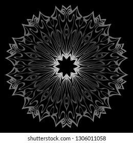 Mandala Ornament. Vector Illustration. For Wedding, Bridal, Valentine's Day, Card Invitation. Oriental Pattern. Indian, Moroccan, Mystic, Ottoman Motifs. Anti-Stress Therapy Pattern. Silver, black