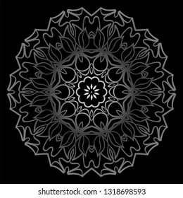 Mandala Ornament. Vector Illustration. For Wedding, Bridal, Valentine's Day, Card Invitation. Oriental Pattern. Indian, Moroccan, Mystic, Ottoman Motifs. Anti-Stress Therapy Pattern. Silver, black