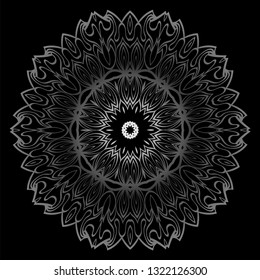 Mandala Ornament. Vector Illustration. For Wedding, Bridal, Valentine's Day, Card Invitation. Oriental Pattern. Indian, Moroccan, Mystic, Ottoman Motifs. Anti-Stress Therapy Pattern. Silver, black