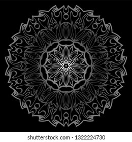 Mandala Ornament. Vector Illustration. For Wedding, Bridal, Valentine's Day, Card Invitation. Oriental Pattern. Indian, Moroccan, Mystic, Ottoman Motifs. Anti-Stress Therapy Pattern. Silver, black