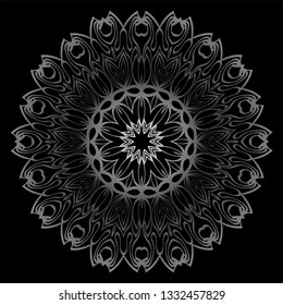 Mandala Ornament. Vector Illustration. For Wedding, Bridal, Valentine's Day, Card Invitation. Oriental Pattern. Indian, Moroccan, Mystic, Ottoman Motifs. Anti-Stress Therapy Pattern. Silver, black