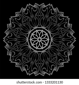 Mandala Ornament. Vector Illustration. For Wedding, Bridal, Valentine's Day, Card Invitation. Oriental Pattern. Indian, Moroccan, Mystic, Ottoman Motifs. Anti-Stress Therapy Pattern. Silver, black