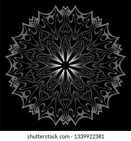 Mandala Ornament. Vector Illustration. For Wedding, Bridal, Valentine's Day, Card Invitation. Oriental Pattern. Indian, Moroccan, Mystic, Ottoman Motifs. Anti-Stress Therapy Pattern. Silver, black