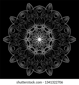 Mandala Ornament. Vector Illustration. For Wedding, Bridal, Valentine's Day, Card Invitation. Oriental Pattern. Indian, Moroccan, Mystic, Ottoman Motifs. Anti-Stress Therapy Pattern. Silver, black