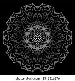 Mandala Ornament. Vector Illustration. For Wedding, Bridal, Valentine's Day, Card Invitation. Oriental Pattern. Indian, Moroccan, Mystic, Ottoman Motifs. Anti-Stress Therapy Pattern. Silver, black