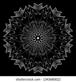 Mandala Ornament. Vector Illustration. For Wedding, Bridal, Valentine's Day, Card Invitation. Oriental Pattern. Indian, Moroccan, Mystic, Ottoman Motifs. Anti-Stress Therapy Pattern. Silver, black