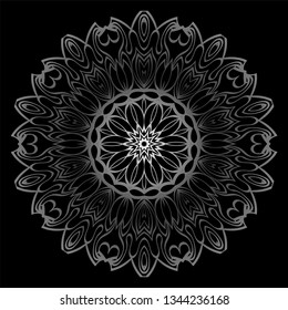 Mandala Ornament. Vector Illustration. For Wedding, Bridal, Valentine's Day, Card Invitation. Oriental Pattern. Indian, Moroccan, Mystic, Ottoman Motifs. Anti-Stress Therapy Pattern. Silver, black