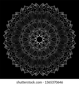 Mandala Ornament. Vector Illustration. For Wedding, Bridal, Valentine's Day, Card Invitation. Oriental Pattern. Indian, Moroccan, Mystic, Ottoman Motifs. Anti-Stress Therapy Pattern. Silver, black