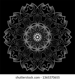 Mandala Ornament. Vector Illustration. For Wedding, Bridal, Valentine's Day, Card Invitation. Oriental Pattern. Indian, Moroccan, Mystic, Ottoman Motifs. Anti-Stress Therapy Pattern. Silver, black