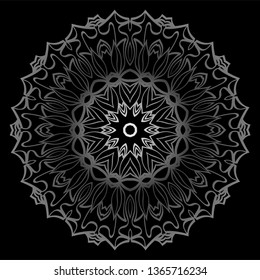 Mandala Ornament. Vector Illustration. For Wedding, Bridal, Valentine's Day, Card Invitation. Oriental Pattern. Indian, Moroccan, Mystic, Ottoman Motifs. Anti-Stress Therapy Pattern. Silver, black