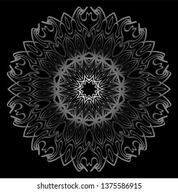 Mandala Ornament. Vector Illustration. For Wedding, Bridal, Valentine's Day, Card Invitation. Oriental Pattern. Indian, Moroccan, Mystic, Ottoman Motifs. Anti-Stress Therapy Pattern. Silver, black