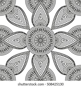 Mandala ornamental print. Seamless ethnic black & white pattern for coloring book pages, ethnic tattoo design, mural art decor.