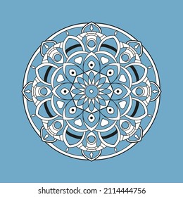 Mandala. Ornamental round doodle flower isolated on light blue background. Geometric circle element.