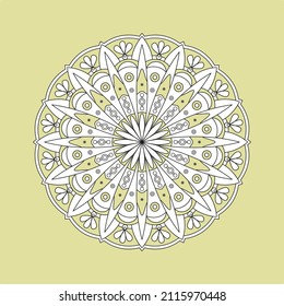 Mandala. Ornamental round doodle flower isolated on yellow background. Geometric circle element. Vector illustration.