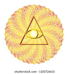 Mandala with ornamentation of rotation and symbol all-seeing eye. Red, Orange, Yellow colors. Colorful vector drawing. 