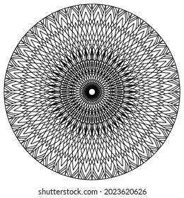 Mandala mit Ziern und linearen Figuren im Folkloretil, gezeichnet auf weißem Hintergrund für die Färbung, Mandala, Vektorgrafik