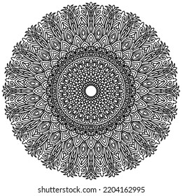 Mandala mit Ornamenten und linearen Figuren im Stil der Folk auf weißem Hintergrund, Vektorgrafik, Farbbuchseite