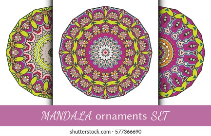 Mandala ornaments set. Isolated colorful design elements, doodle floral round patterns. Elegant multicolored sketch decoration. Hand drawn art graphic background, tribal ethnic arabic, indian motif