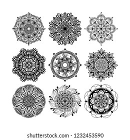 Mandala Ornaments Vector. Set ethnic Oriental patterns. Collection of vector mandalas for coloring. Set of floral mandalas, vector illustration