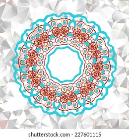 Mandala ornamrntal oriental flyer design. Round lace pattern ove triangle background