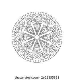 Mandala Ornate Black and White Design with Radiating Petals and Concentric Circles