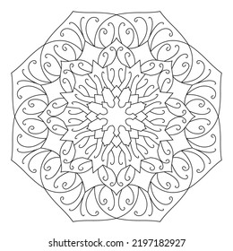 Mandala outline coloring page. An Oriental decorative round ornament can be used for meditation background, therapy, and coloring book.