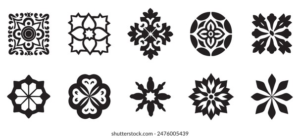 Icono de contorno de mandala y diseño de arte de patrón negro.