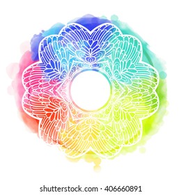 Mandala over colorful watercolor. Beautiful vintage round pattern. Hand drawn abstract background. Decorative isolated. Invitation, t-shirt print, wedding card. Tattoo element.