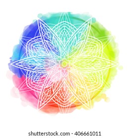Mandala over colorful watercolor. Beautiful vintage round pattern. Hand drawn abstract background. Decorative isolated. Invitation, t-shirt print, wedding card. Tattoo element.